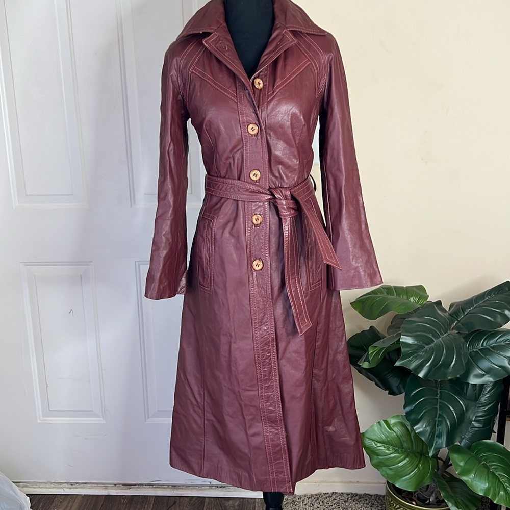 Vintage Sears Jr Bazaar Hooded  Trench Leather Jacket
Burgundy | Size 7